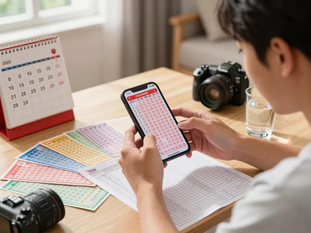 Excited player checking Data HK results on smartphone surrounded by tickets and data sheets.
