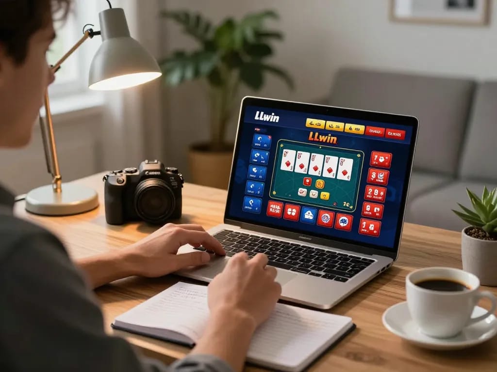 Engaging with LLwin's online casino interface while strategizing on a laptop in a cozy home setting.