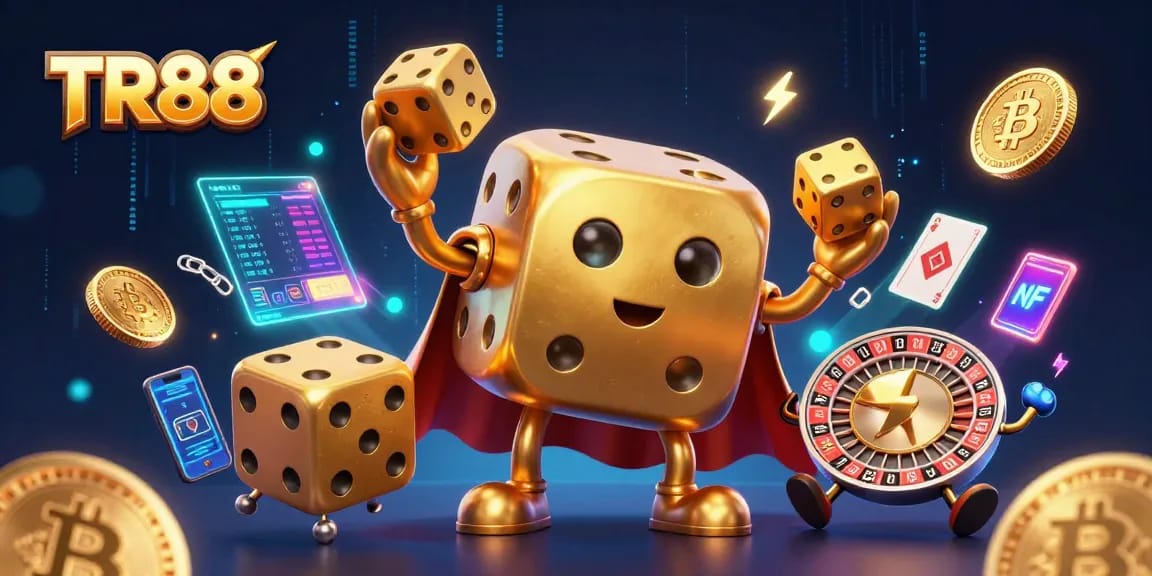 Experience the thrilling world of TR88 casino with dynamic golden dice, crypto coins, and game elements.