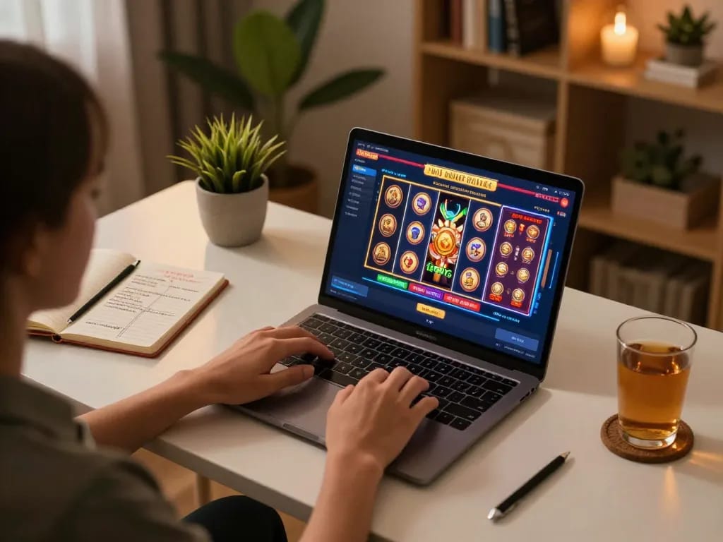 Engaging online casino gaming experience on rokok88 with vibrant slot games visible on the laptop screen