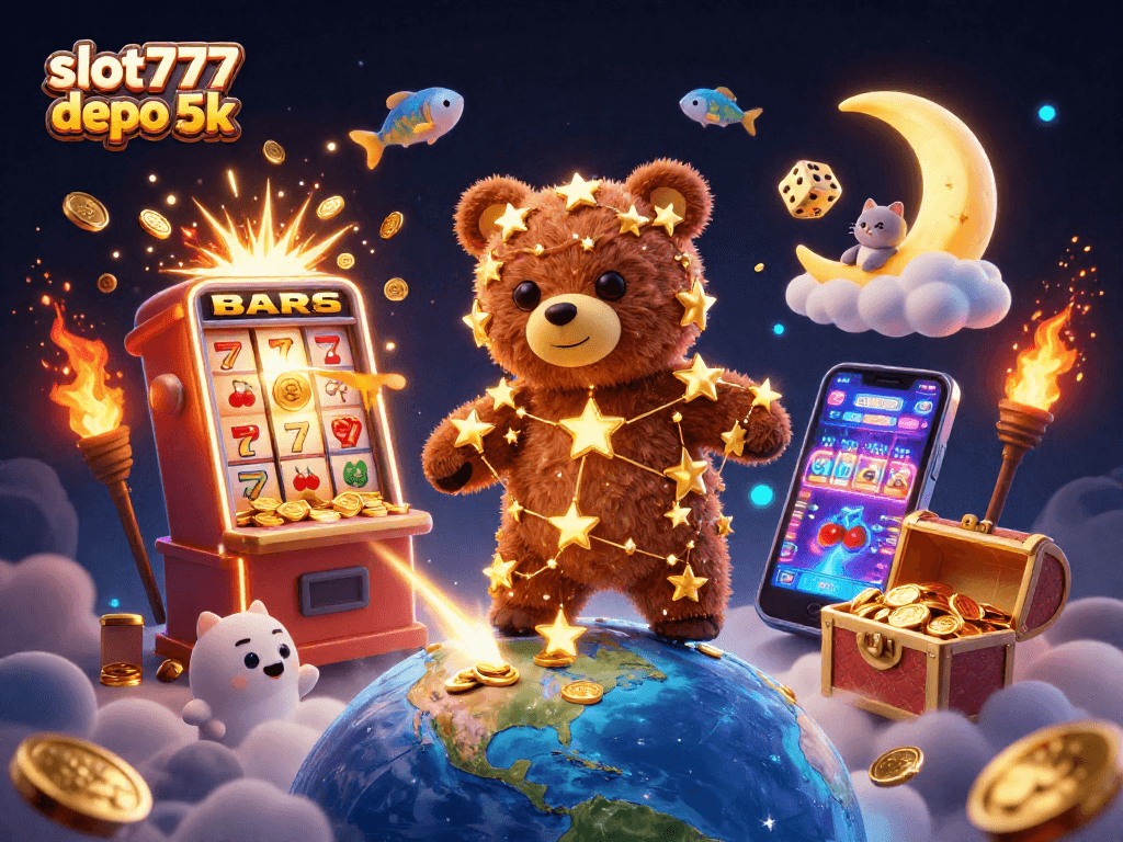Experience slot777 depo 5k with a captivating illustration of gold-filled jackpots and stars.
