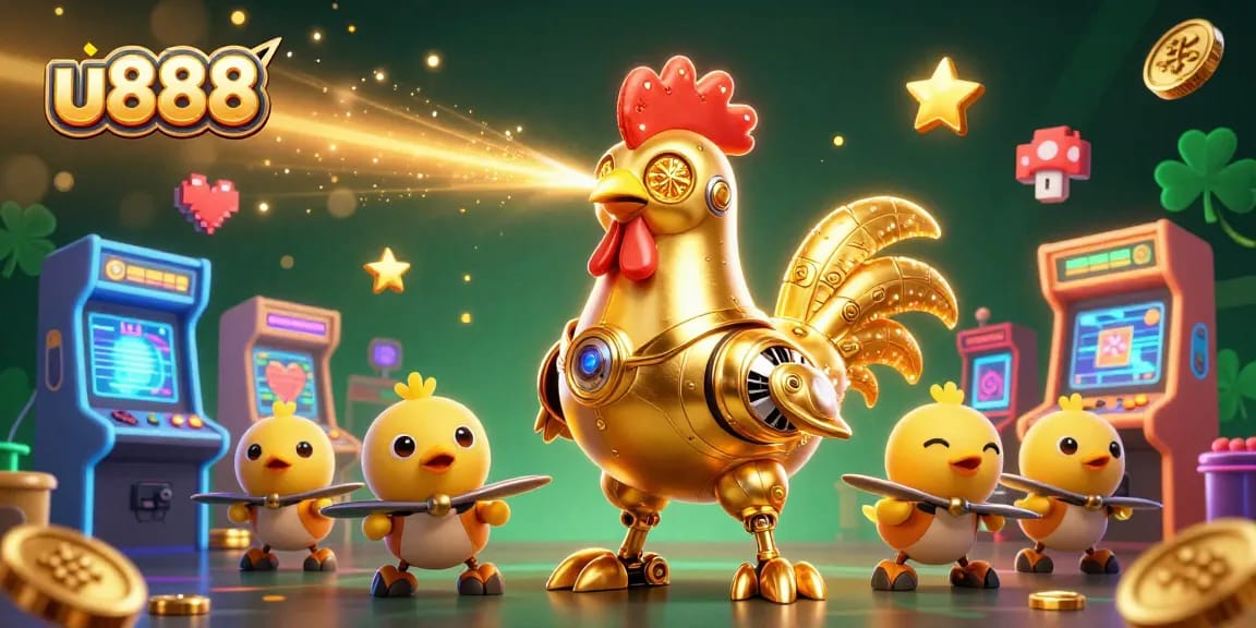 Experience thrilling gaming action with u888's vibrant casino-themed 3D illustration showcasing a playful golden rooster robot and chick drones.
