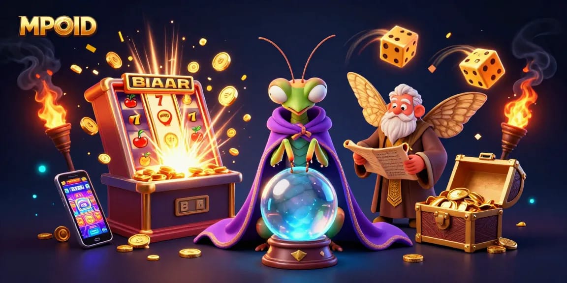 Experience the excitement of MPOID with a vibrant cartoon scene filled with slot machines and fortune tellers.