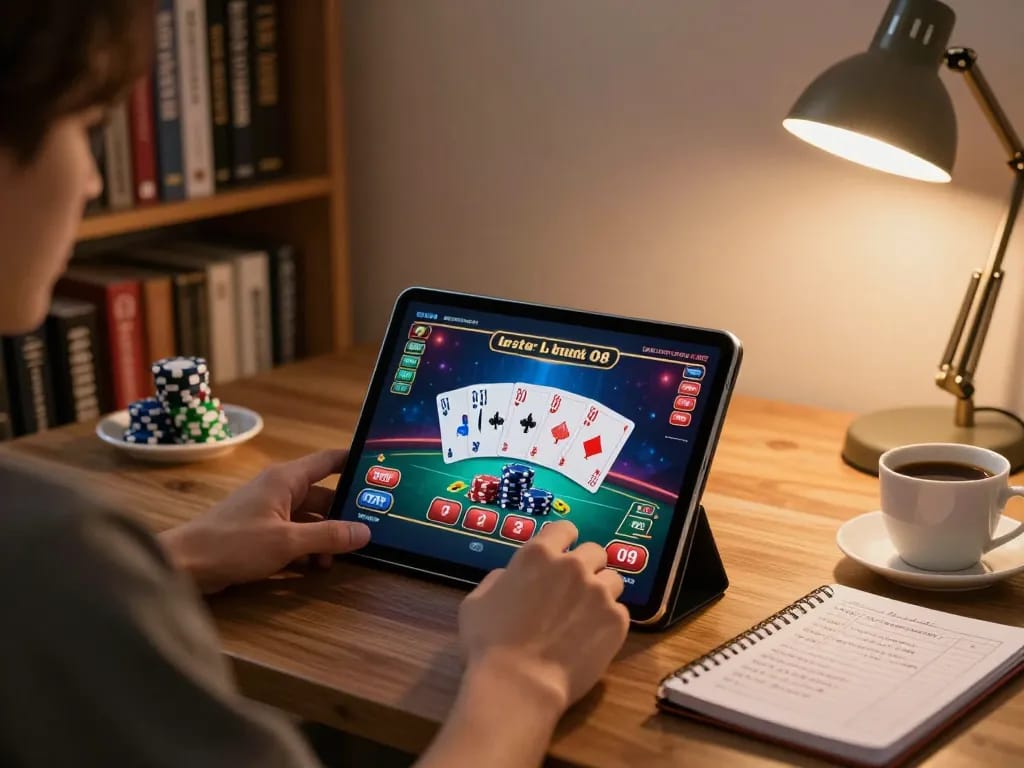 Engaging in O8 gaming from home using tablet for an immersive gambling experience.
