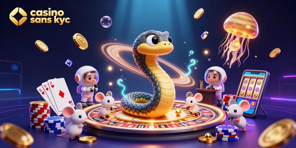 Jouer au casino sans KYC avec des souris astronautes et un serpent Saturne, illustration 3D.