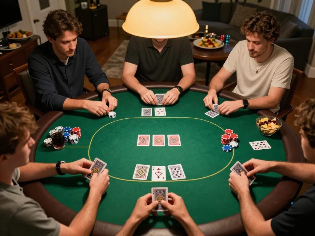 Engaged players at bk8 poker night with colorful chips and cards on a stylish table setting.