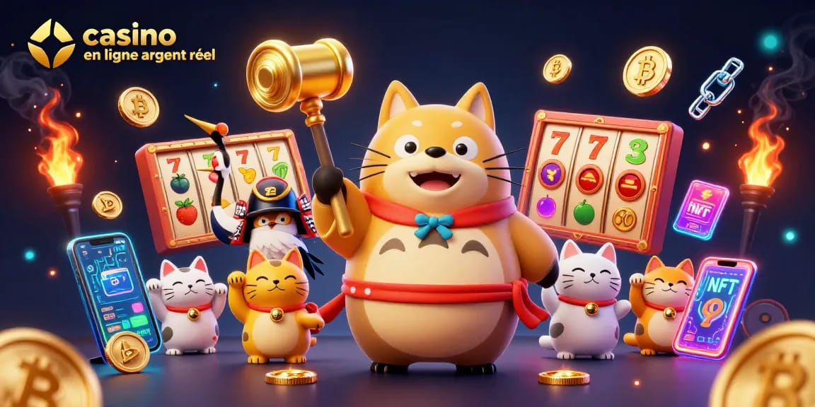 Illustration dynamique mettant en avant casino en ligne argent réel avec des personnages et éléments colorés.