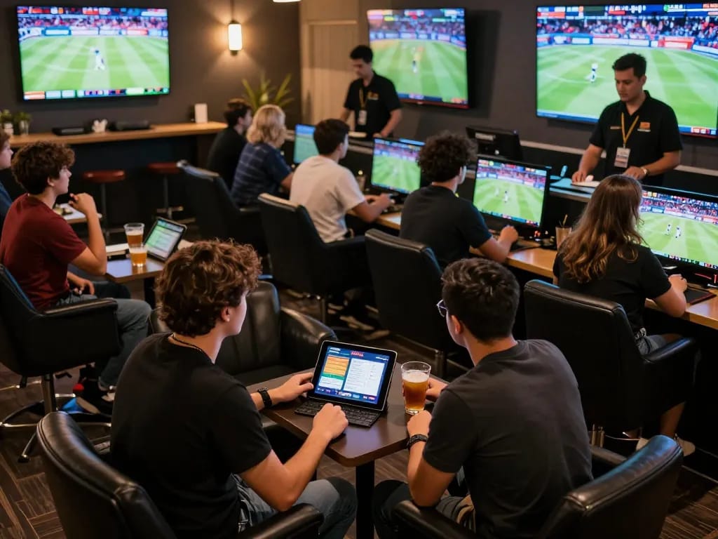 Excited fans using the vin88 betting app in a vibrant sports betting lounge.