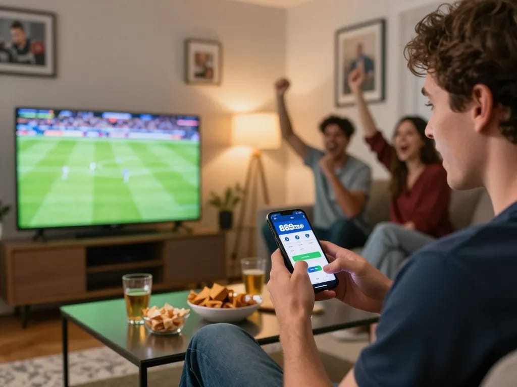 Excited user placing sports bets using the 888top app while watching a live football match