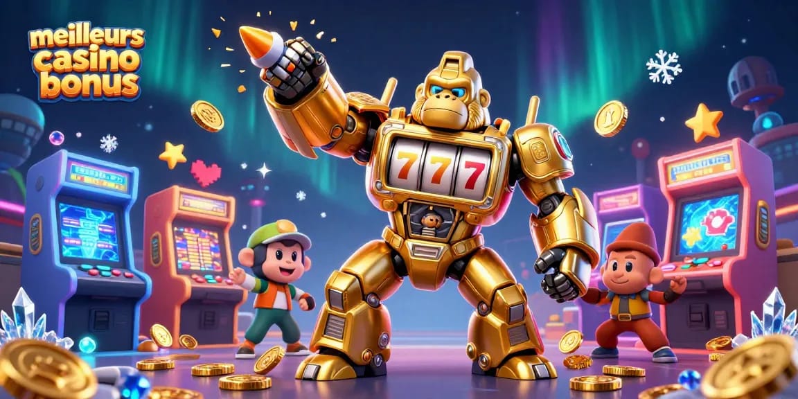 Jouer aux meilleurs bonus de casino avec un gorille mech en or et des machines à sous colorées.