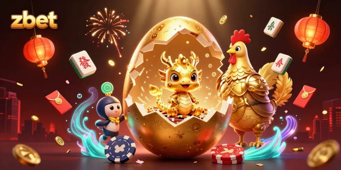 Zbet showcases a golden dragon with poker chips and vibrant casino elements in an exciting illustration.