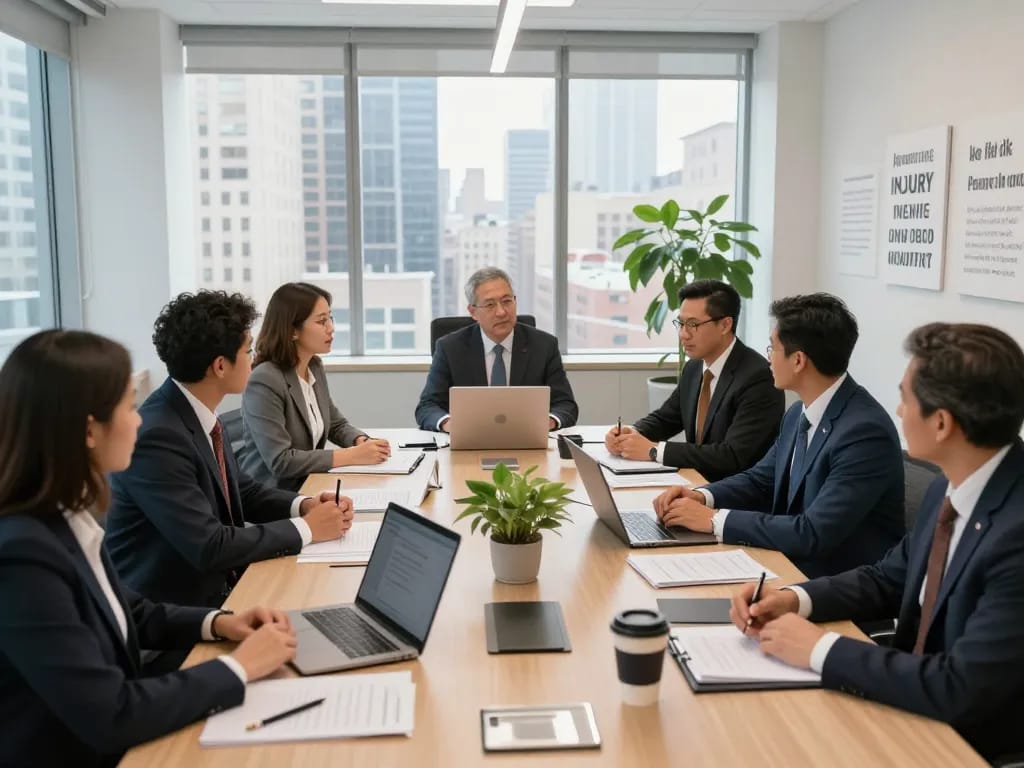 New York City Personal Injury Lawyer team strategizing over case files in a modern office