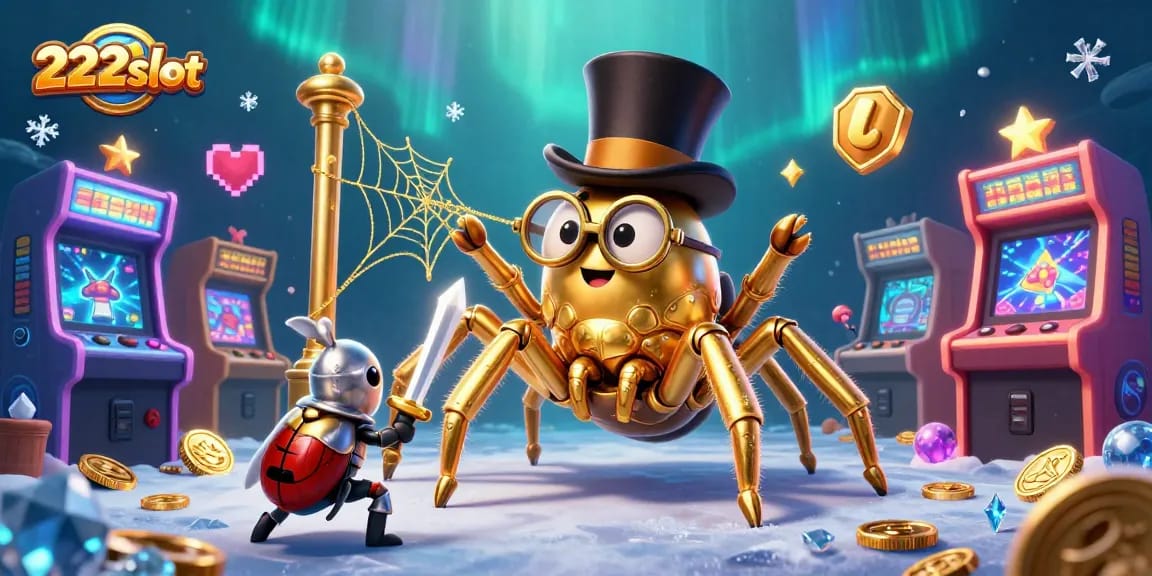 Permainan slot gacor di 222slot dengan tarantula emas dan ksatria kecil dalam suasana kasino yang megah.