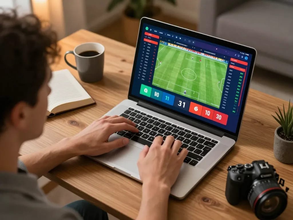 Person engaging with soccer betting odds on Socolive platform in cozy home office