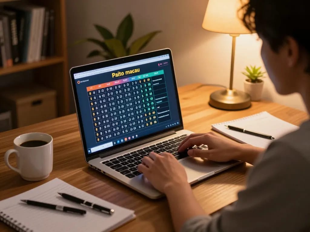 Paito macau data displayed on laptop screen during responsible online gaming in a cozy setup.