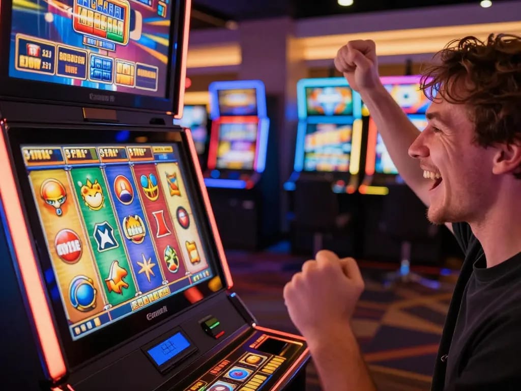 Player celebrating a win on vibrant slots not on Gamstop, showcasing excitement and joyful ambiance.