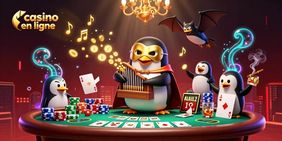 Découvrez la magie du casino en ligne avec un pingouin fantôme jouant de l'orgue et des pièces d'or s'envolant.