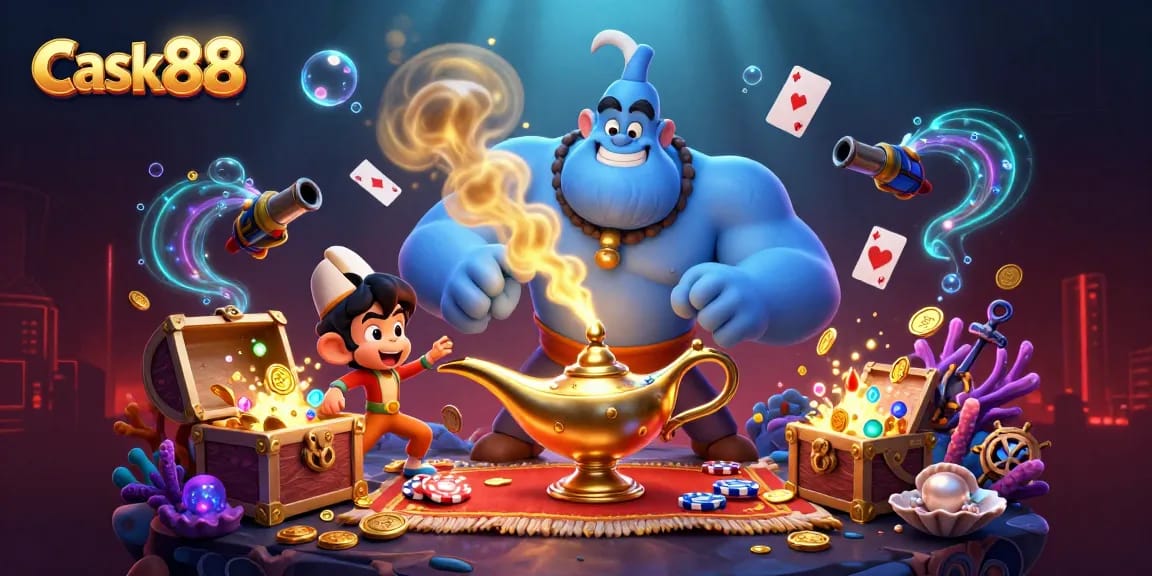 Engage with cask88's magical world featuring a colorful casino-themed scene with a genie, monkey, and poker chips.