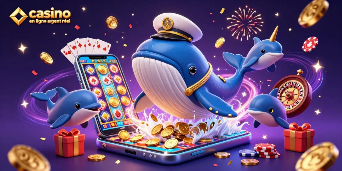 Vivez l'excitation au casino en ligne argent réel avec une illustration 3D dynamique de créatures marines ludiques.