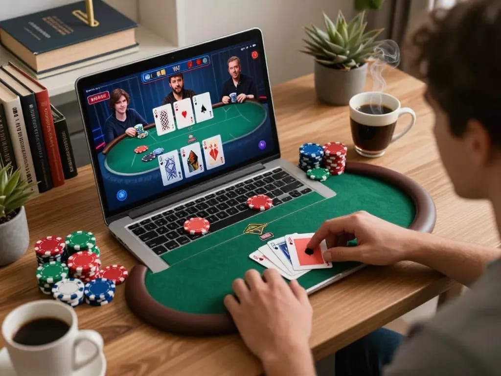 Engaging online poker game with players' cards on screen, featuring strategic moments at home for hay88x.
