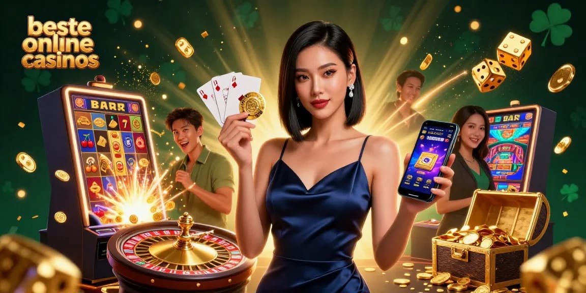 Experience the thrill at beste online casinos with a stunning Asian woman holding a casino smartphone and golden chip.