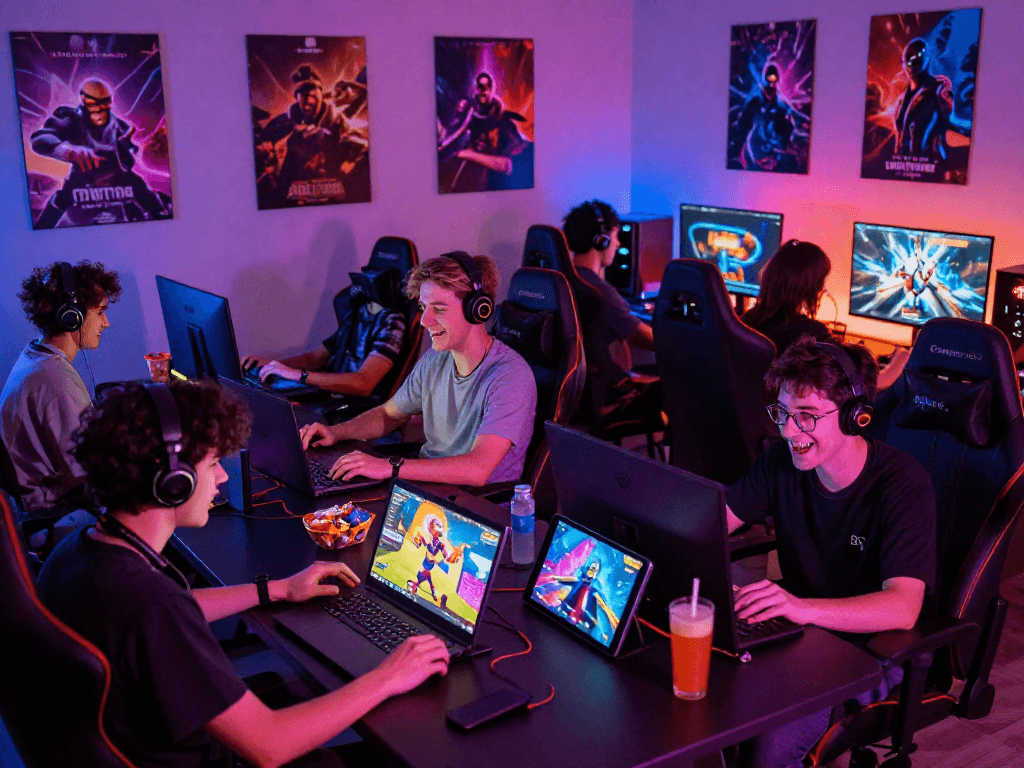 Engaged players enjoying various porngames on multiple devices in a lively gaming setup.