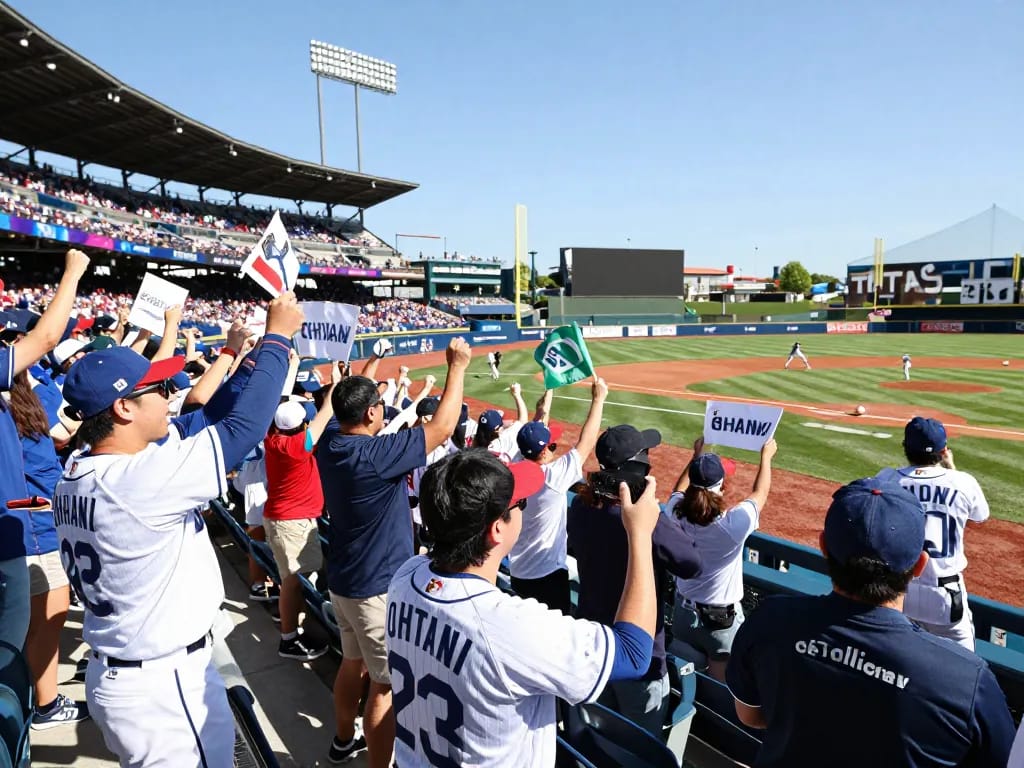 野球の試合で大谷翔平応援を祝うファンたちが、活気あふれる雰囲気の中で熱意とチームスピリットを披露しています。