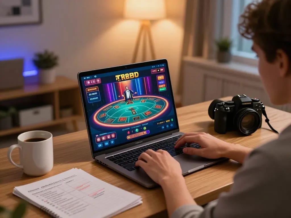 Playing live dealer games on TR88 from a cozy home setup, showcasing an engaging online casino experience