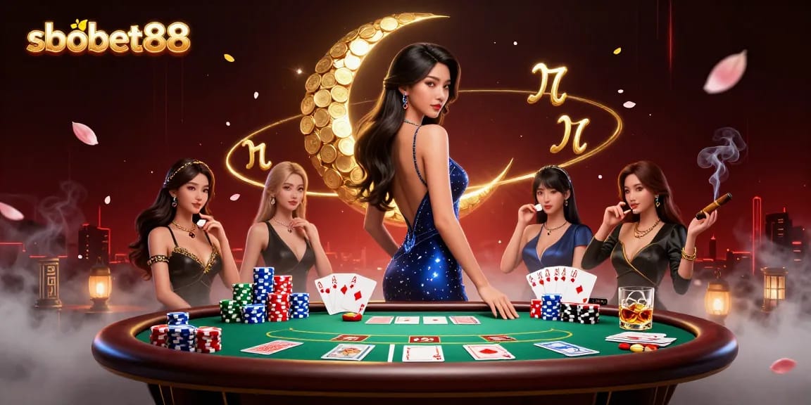 Engage in exhilarating gaming with sbobet88 as poker elements surround a dazzling scene of elegance.