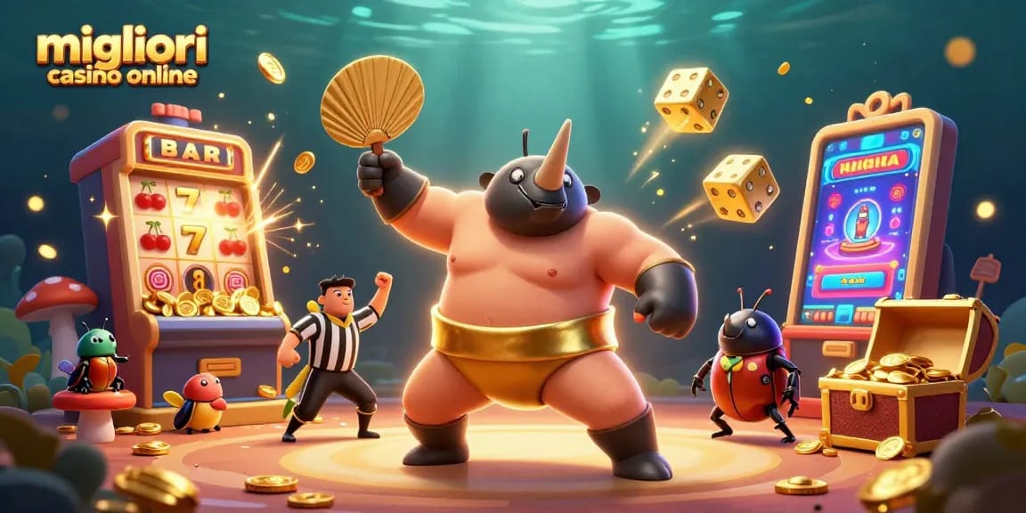 Scopri i migliori casino online con il campione di sumo rinoceronte e le simboli delle slot volanti.