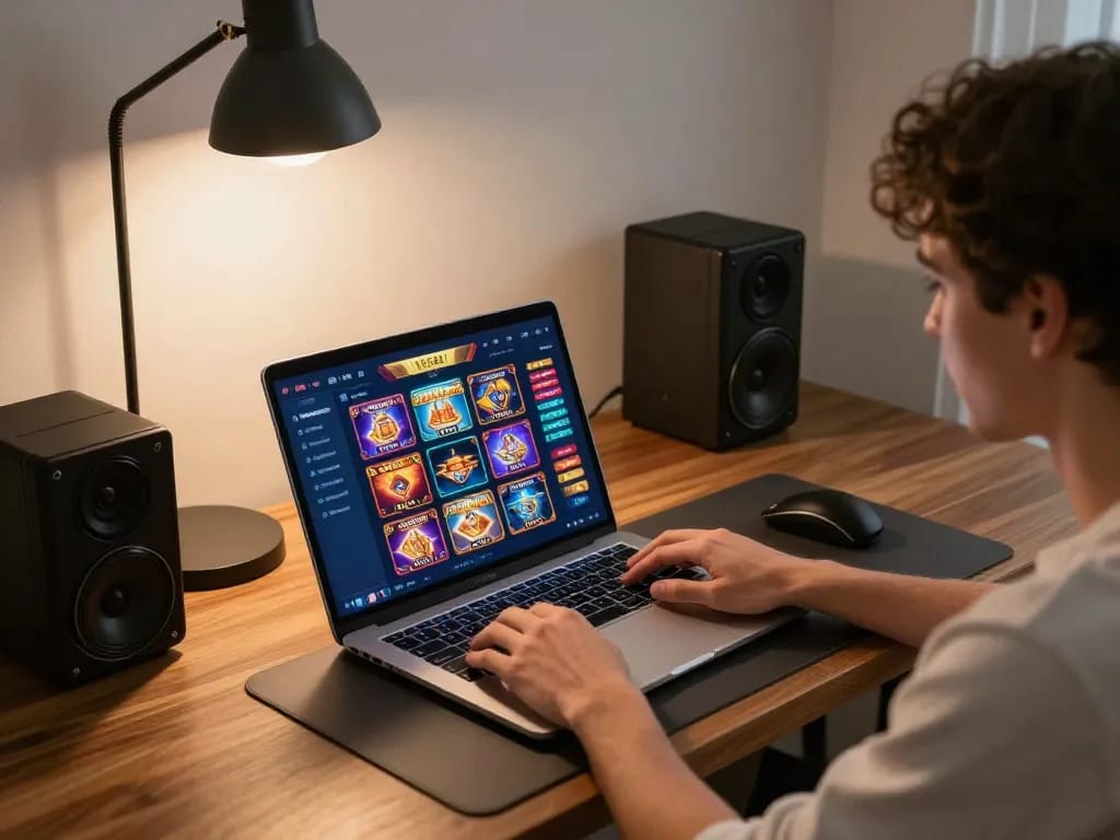 Engaged player exploring TG88 online casino on laptop for immersive gaming experience