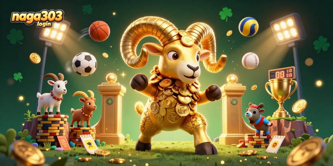 Experience the excitement of gaming with the Naga303 login at a vibrant casino scene filled with sports balls and rewards.