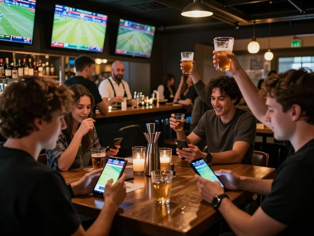 Exciting sports betting atmosphere at Bugatti8, with patrons actively placing bets and celebrating.