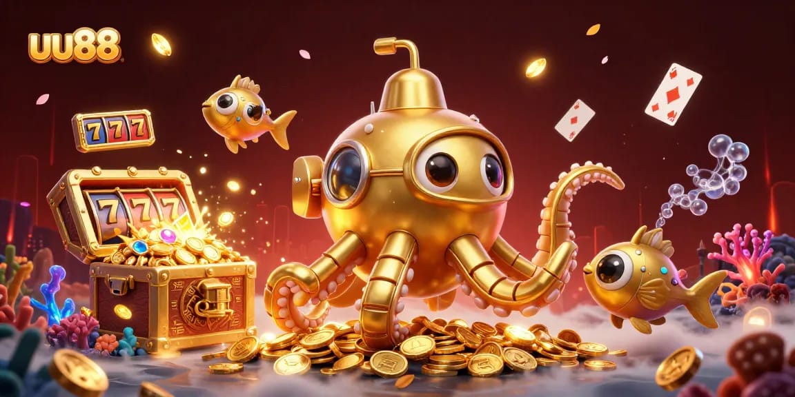 Experience excitement at uu88 with a vibrant 3D casino scene featuring golden slots and mechanical fish.