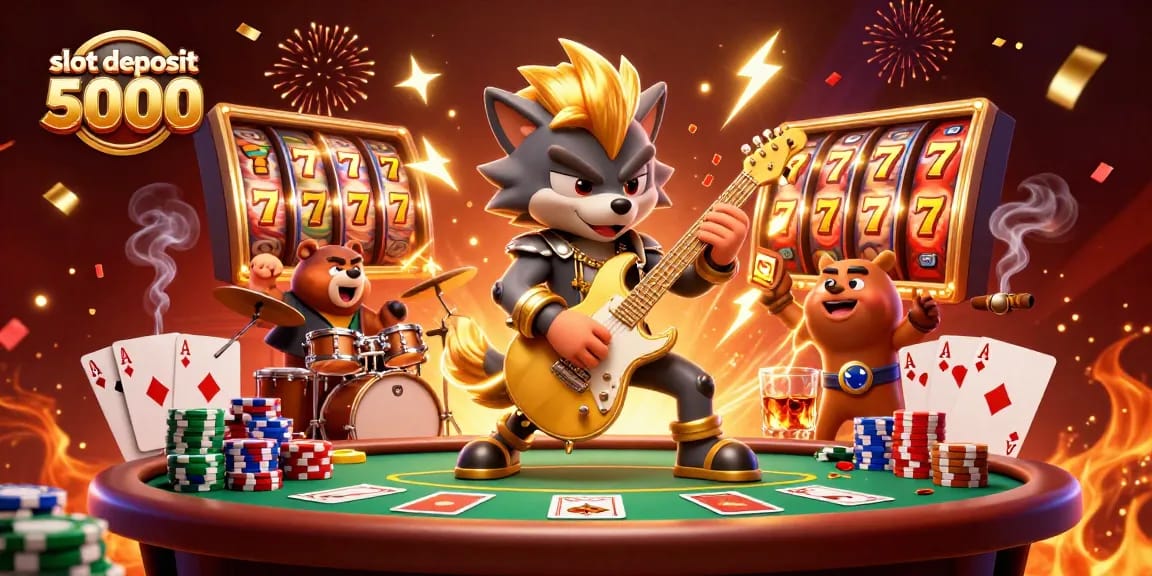 Play exciting games with slot deposit 5000 at a vibrant casino scene featuring animated characters.