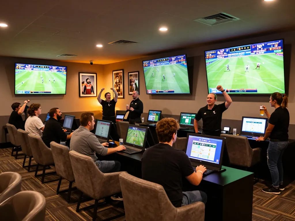 People placing bets at vaobet's vibrant sports betting lounge during live matches.