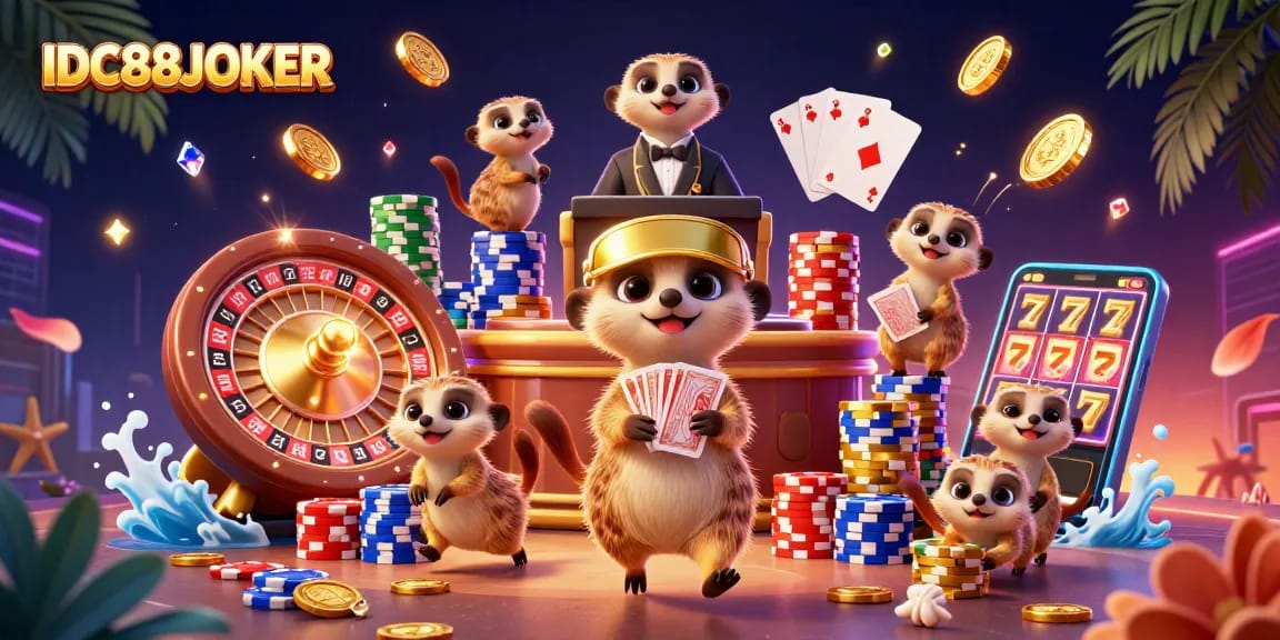 Experience the winning atmosphere at IDC88JOKER with lively meerkats managing an exciting casino operation.