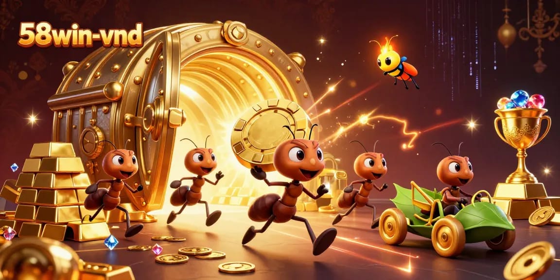 Join the 58win-vnd heist with cartoon ants, poker chips, and a dazzling golden vault scene.