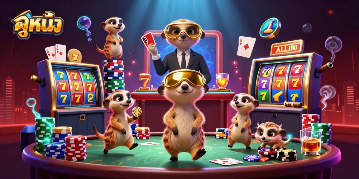 Experience ดูหนัง in a vibrant online casino scene with meerkats running gamblers' games, showcasing dynamic slots and colorful chips.