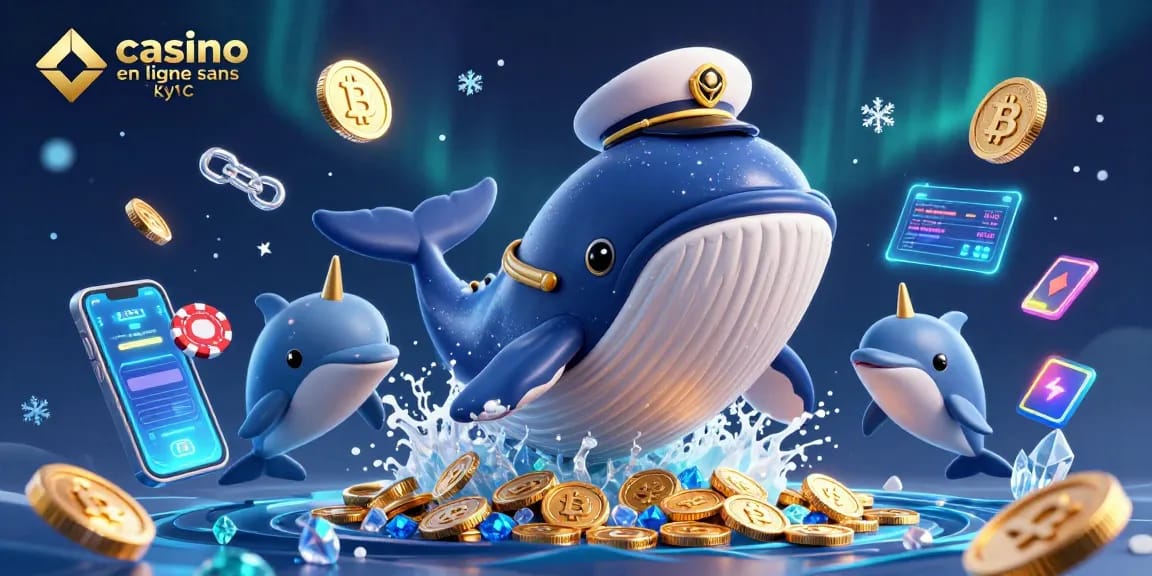Jouez au casino en ligne sans KYC avec une illustration captivante de baleine, narval et dauphins