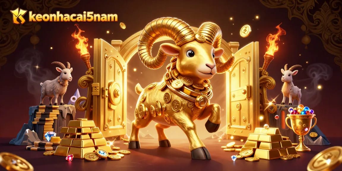 Engage with keonhacai5nam through this vivid casino-themed illustration featuring a golden ram charging at a treasure vault.