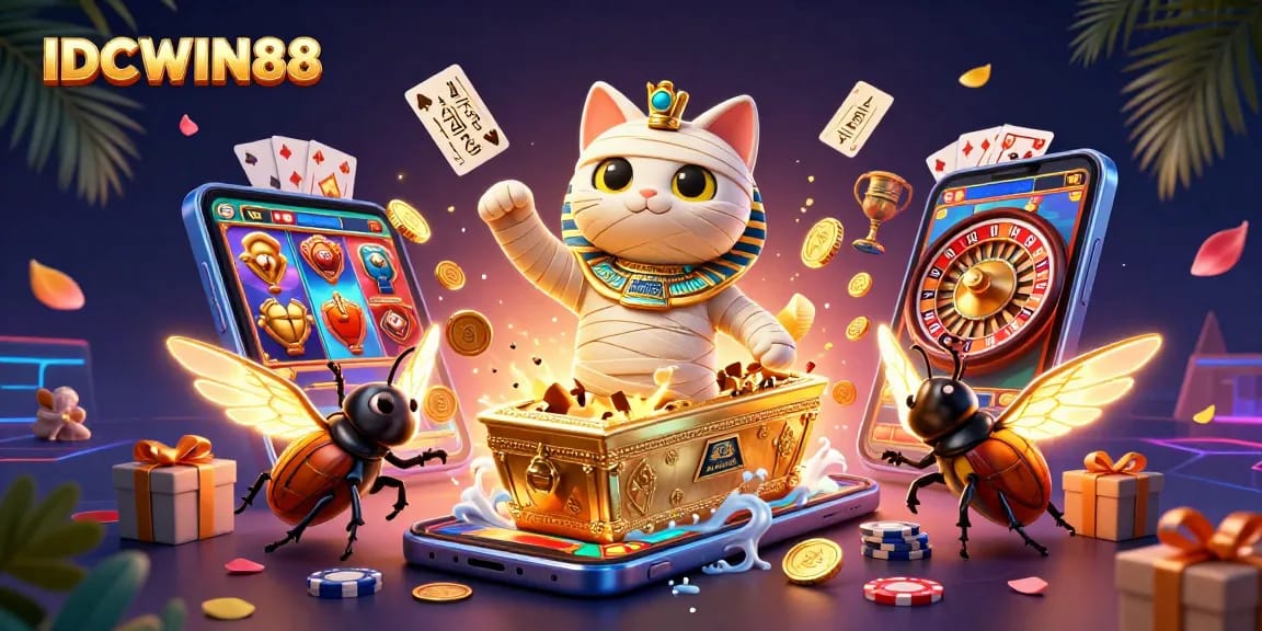 Engage with IDCWIN88's exhilarating casino vibes featuring an Egyptian mummy cat and glowing scarab in action.
