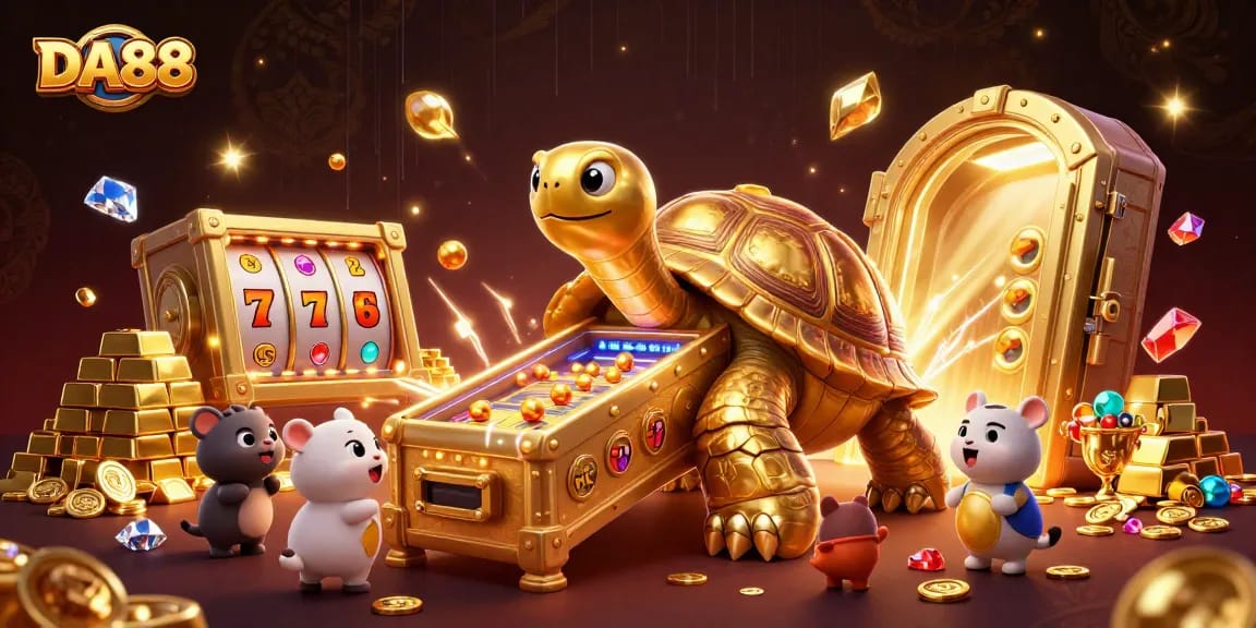 Engage in thrilling slot gameplay with DA88, featuring golden tortoise and treasure elements.