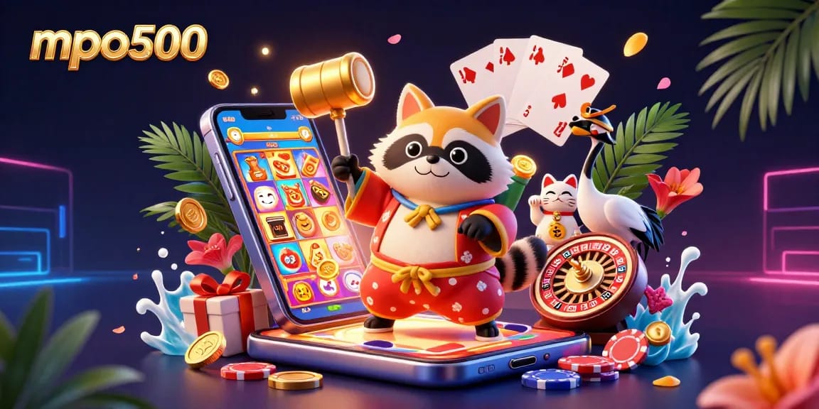 Play games at mpo500 with cheerful characters and vibrant casino elements surrounding them.