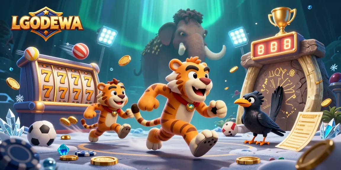 Engage in thrilling slots at LGODEWA with a prehistoric casino adventure featuring vibrant characters and elements.