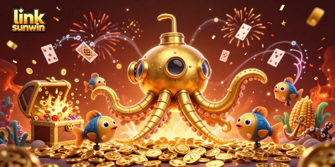 Experience the thrill at link sunwin with our 3D golden kraken submarine and treasure-filled scene.