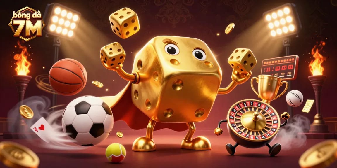 Bong đá 7M showcases thrilling sports action with dynamic golden dice and exciting betting elements.