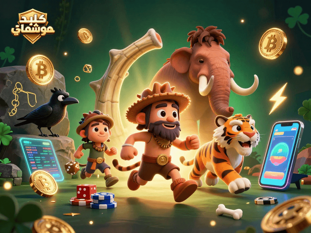 Engaging scene with کلید لمسی هوشمند features and characters enjoying a prehistoric casino adventure, highlighted by neon crypto coins.