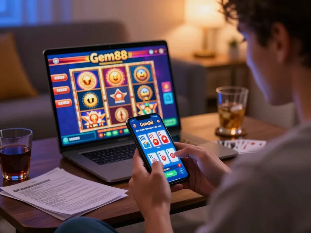 Engaging with the gem88 app on smartphone, strategic gaming notes visible, cozy atmosphere.