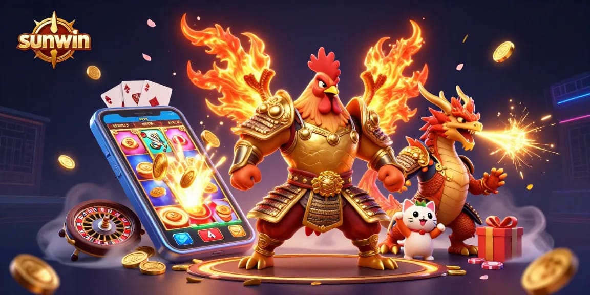 Join the excitement at sunwin with fierce rooster and dragon warriors in a vibrant casino battle.